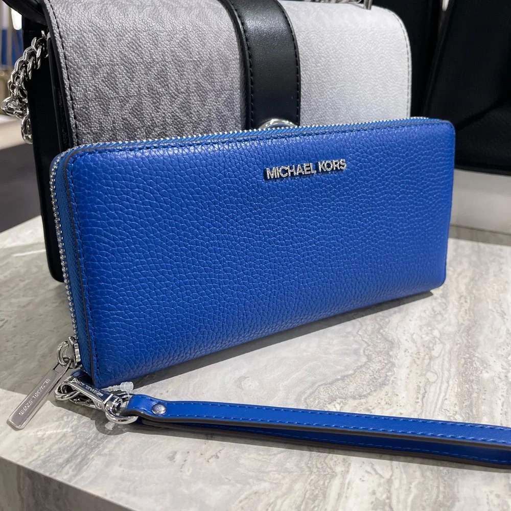 MICHAEL KORS Lg Pebbled Leather Continental Wallet Wristlet Phone Galaxy Blue